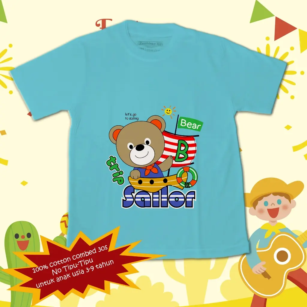 Jual kaos anak preium bahan 100% katun combed 30s, untuk anak usia 3-9 tahun