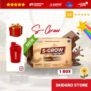 S-GROW Susu Bubuk Rasa Cokelat Susu Peninggi Badan Tinggi Kalsium Protein Zinc Fosfor Vitamin D Varian Terbaru Chocolate BPOM Halal GMP HACCP Bonus Spesial
