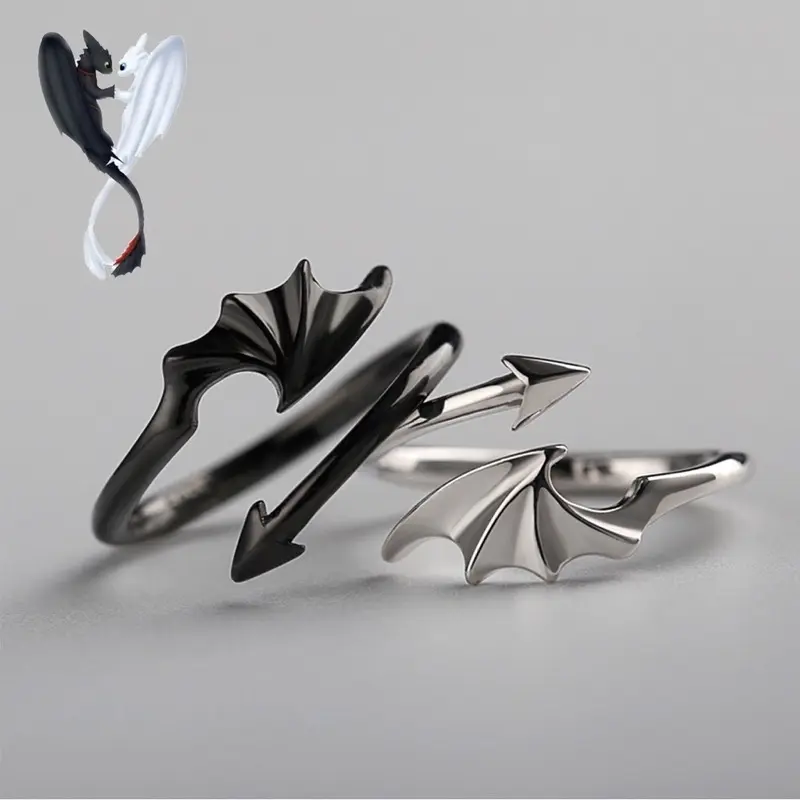 Cincin unisex pria wanita korean style/ Cincin  Model Terbuka Desain Little Devil Dragon Bahan Titanium Kuningan Gaya Punk Gothic | Cincin Ekor Pecinta Setan Dan Malaikat Gelap Punk Gothic Naga