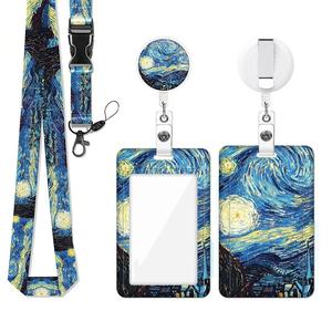 Set de Porta Credencial con Patrón de Noche Estrellada, 1 Carrete Retráctil para Credencial con Cordón y Porta Tarjetas, Suministros y Credenciales de Identificación para Enfermera Maestra Trabajadora