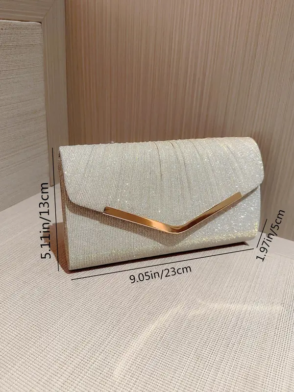 Elegant Solid Color Metal Bar Decor Glittery Flap Clutch With Chain Strap, Women's Evening Bags For Party Wedding 1