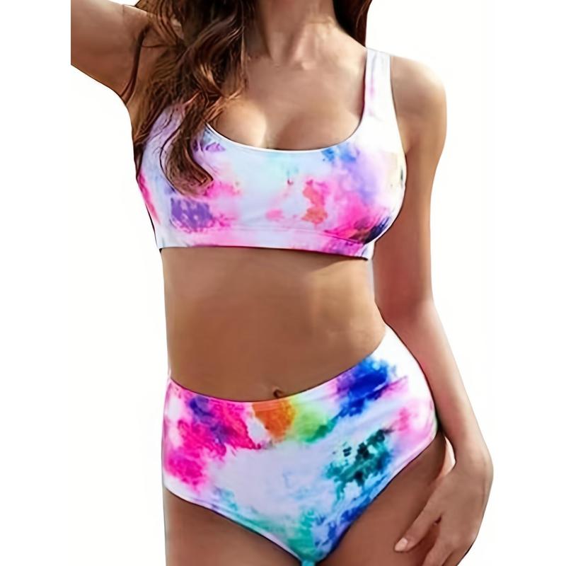 Tie Dye Casual Bikini Sets, Round Neck High Waist High Cut Two Pieces Swimsuit, Women's Swimwear & Clothing 2