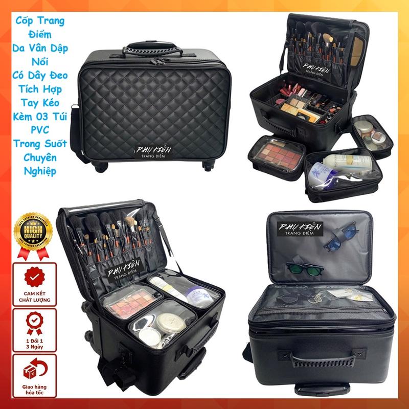 Cốp Vali Kéo Đựng Mỹ Phẩm Trang Điểm Bằng Da Có 3 Túi Rời Chuyên Nghiệp - Cốp Da Đựng Đồ Makeup Cao Cấp - T306