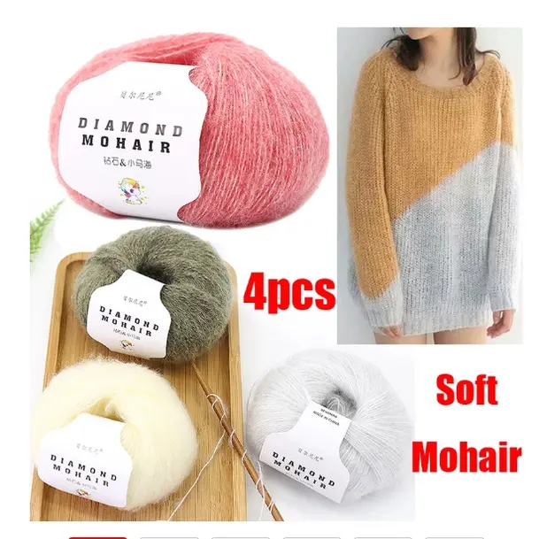 Sợi Mohair, 4 cái, 100g, Đan, Thân Thiện Với Làn Da, Len Cho Bé, Để Đan Áo Len Và Khăn Choàng, Sợi Mỏng 166m, Đường Kính 0,9mm