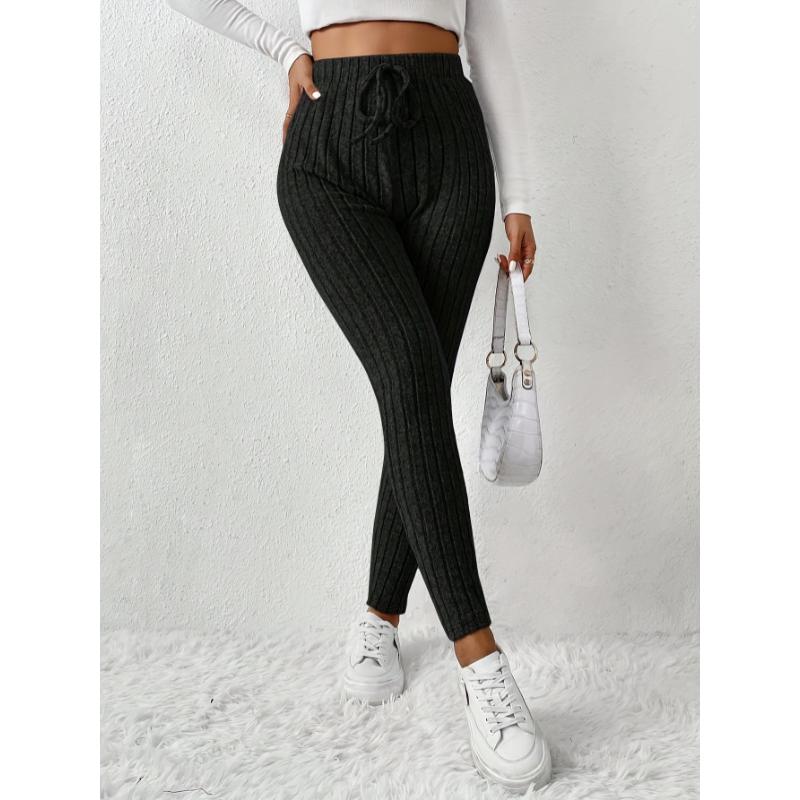 Product Introduction of Women's High-Waist Ribbed Knit Leggings - Slimming, Stretchy Solid Color with Decorative Drawstring, Cozy & Chic for Fall/Winter, Machine Washable 26