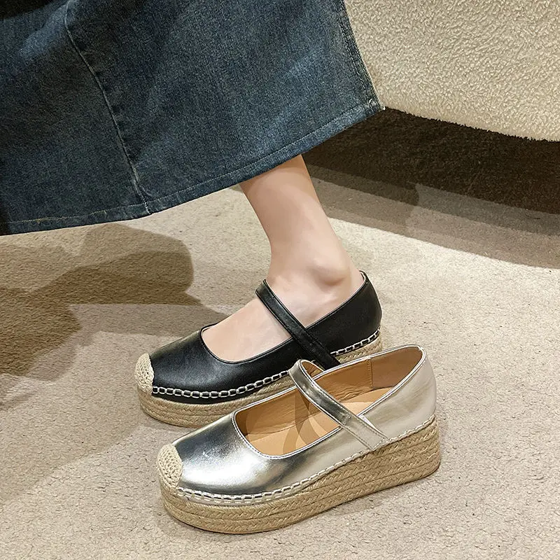 Silver Mary Jane Shoes Western Style One-Strap Woven Platform Shoes Platform Fisherman Shoes Soft Leather Shallow Mouth Pumps Summer Women's Shoes