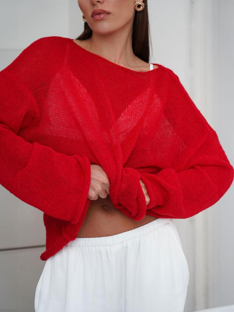 Product Introduction of Women's Plain Sheer Drop Shoulder Sweater, Casual Long Sleeve Boat Neck Jumper for Spring & Fall, Fashion Women's Knitwear for Daily Wear 9