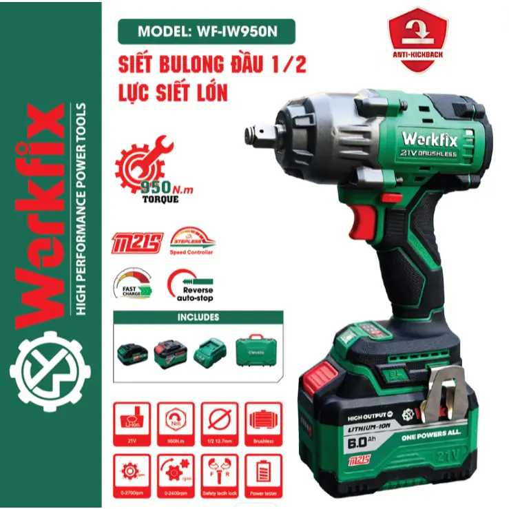 Máy Siết Bulong P WORKFIX WF-IW950N Không Chổi Than, Lực Siết 950Nm Mở Vặn Ốc Xe Tải, Ô Tô 8