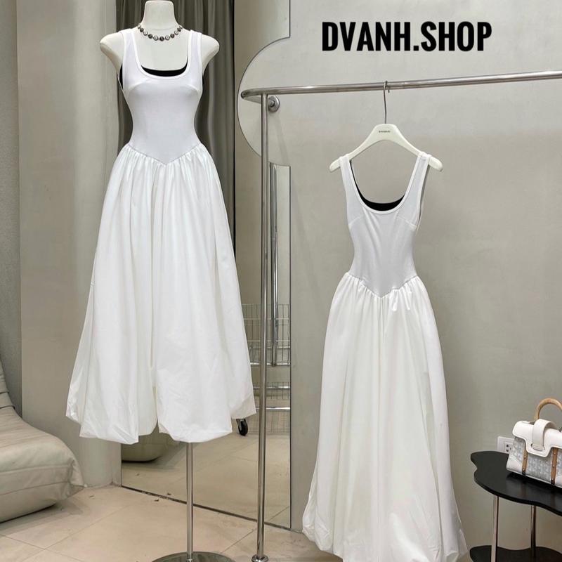 SHEEI - Váy thiết kế xoè bí hở lưng, áo 2 lớp phối trắng/đen cực tôn dáng bồng Nữ Màu Trắng Women Voi 3