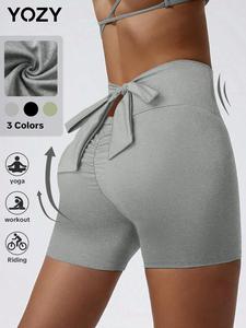 YOZY-GOOO Women's Plain Ruched Knot Back Shorts, Casual Comfy Breathable Shorts for Daily Wear, Ladies Bottoms for All Seasons