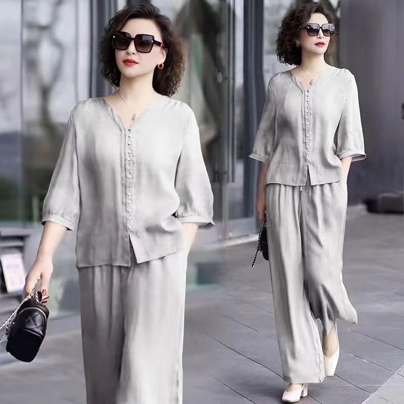 Bộ Đồ Vải Lanh Và Cotton, Bộ Sưu Tập Mới Cho Mẹ TRUNG NIÊN, Thời Trang Thường Ngày Hàng Mới Về Mùa Hè, Áo Vải Lanh Và Quần Ống Rộng, Bộ Hai Mảnh, 2024 3