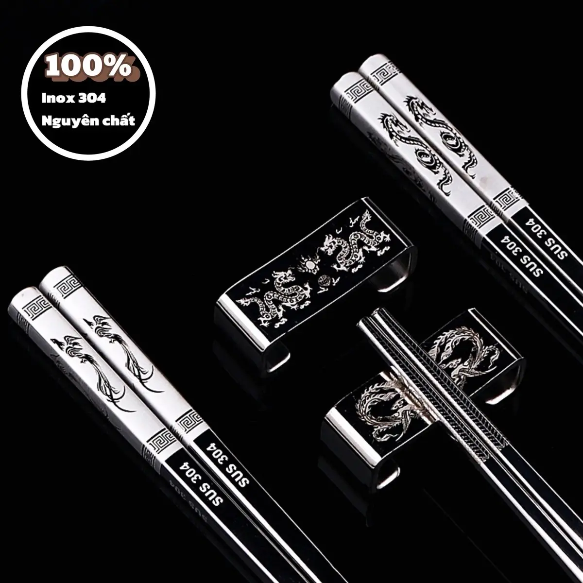 Bộ đũa inox Nhật, siêu bền loại cao cấp - Sang trọng(khắc rồng)