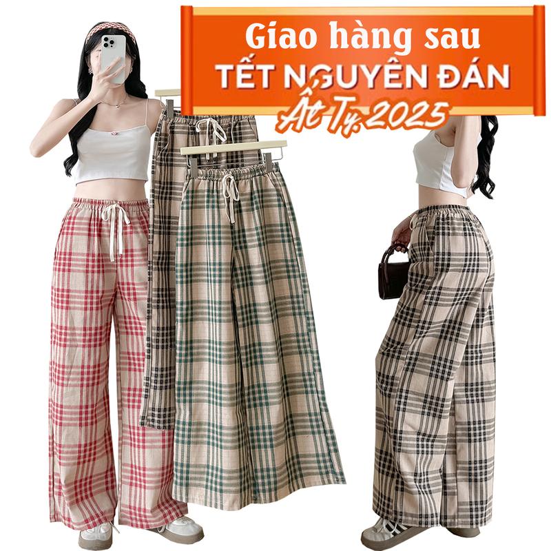 Quần Suông Nữ Ống Rộng Bigsize Cạp Cao Đen Xanh Đỏ Kẻ Sọc Caro To Cho Nấm Lùn Thoải Mái S196