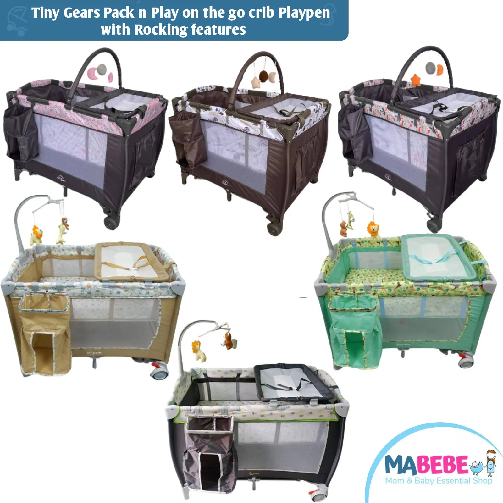 Mabebeshop Pack n Play On The Go Crib Playpen Rocking Features with Hanging Toys
