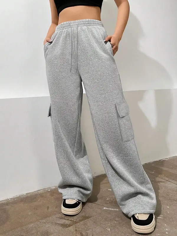 Women's Plain Flap Pocket Cargo Sweatpants, Casual Streetwear Straight Leg Trousers for Daily Wear, Ladies Bottoms for Fall & Winter 0