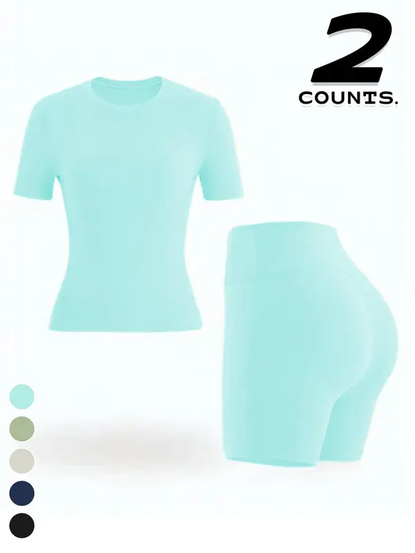 Two-piece Set Women's Solid Color Tee & High Waist Skinny Shorts Tracksuit Set, Sporty Casual Breathable Set for Yoga Gym Workout Running, Ladies Summer Sportswear, Activewear, Workout Sets Women 3