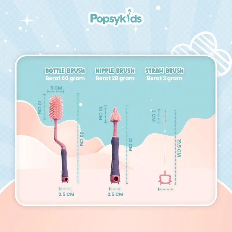 Popsykids Silicone Bottle Brush Set 3 in 1 - Sikat Botol Bayi Silikon 3 in 1 BPA Free Perlengkapan 7