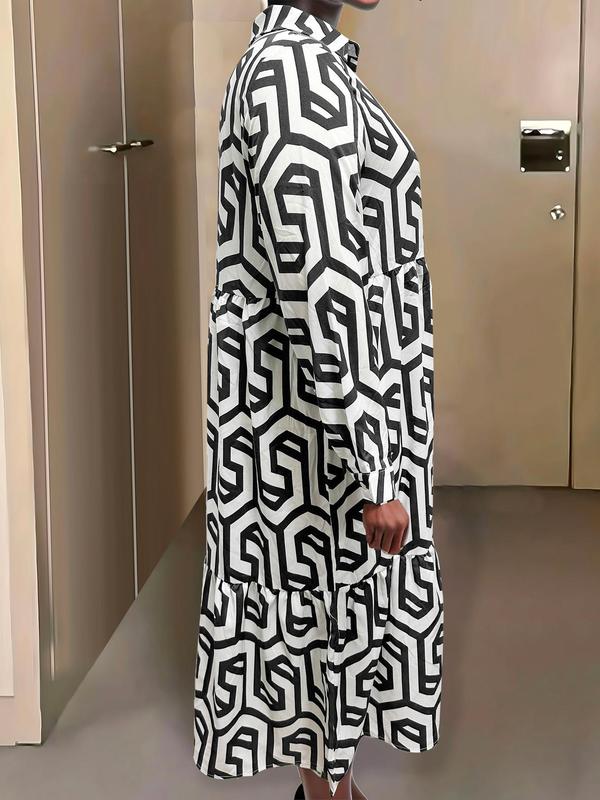 Plus Geometric Print Long Sleeve Button Front Midi Dress, Casual All Over Print Collared Button Loose Dress For Spring & Fall, Fashion Women's Dress For Daily Wear 7