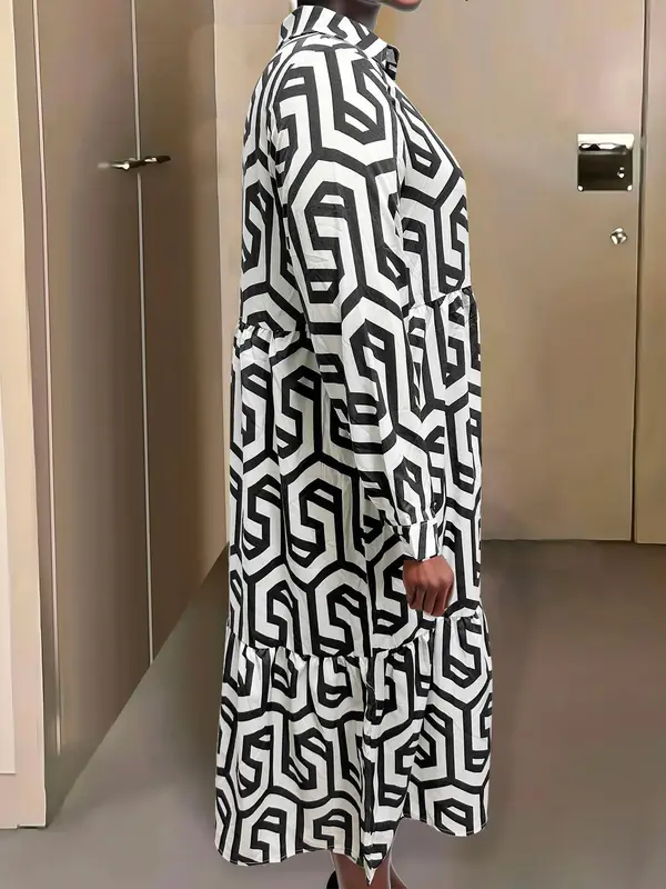 Plus Geometric Print Long Sleeve Button Front Midi Dress, Casual All Over Print Collared Button Loose Dress For Spring & Fall, Fashion Women's Dress For Daily Wear 7