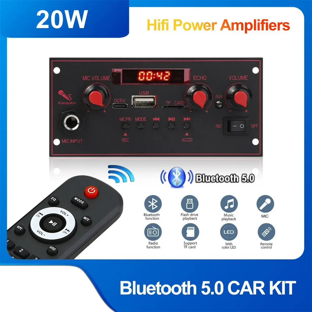 Kebidumei 20W Amplifier DC 5V Bluetooth Decoder Board 6.5mm Microphone FM Radio TF USB Car Audio Music Player Speakers Volume Control DIY Button Recording Smartphone Card Remote