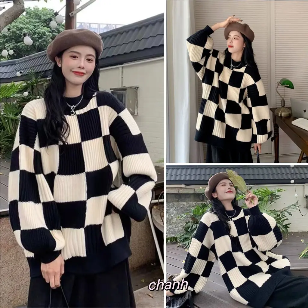 Álen dài tay cổ tròn dáng rộng sọc nữ, álen dệt kim sọc trắng đen lười biếng thời trang Áo Top