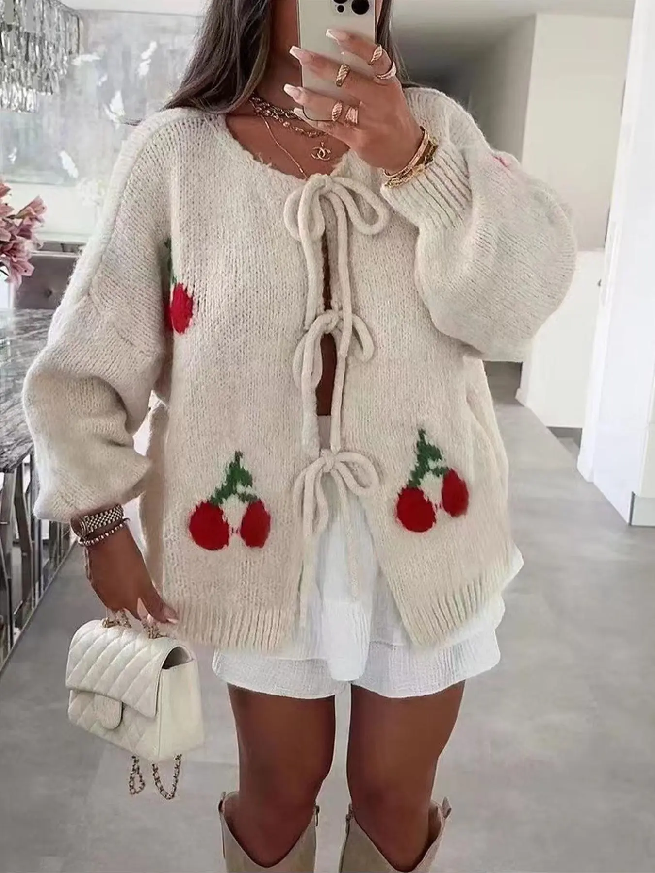 Women's Cherry Print Tie Front Cardigan, Casual Drop Shoulder Long Sleeve Cardigan for Fall & Winter, Women's Knitwear for Daily Wear, Tall Clothing Women