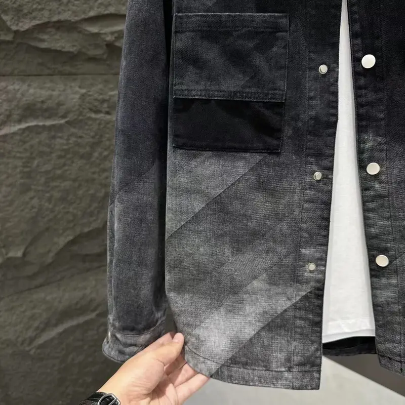 Áo Khoác Denim, Màu Gradient Hàng Mới Về, Dành Cho Nam Giới, Dễ Phối Đồ, Chất Liệu Pu Shuai, Dáng Ôm, Thích Hợp Cho Mùa Thu, Áo Khoác, Phong Cách Hợp Xu hướng Thường Ngày Áo Sơ Mi Có Ve Áo Thương Hiệu 4