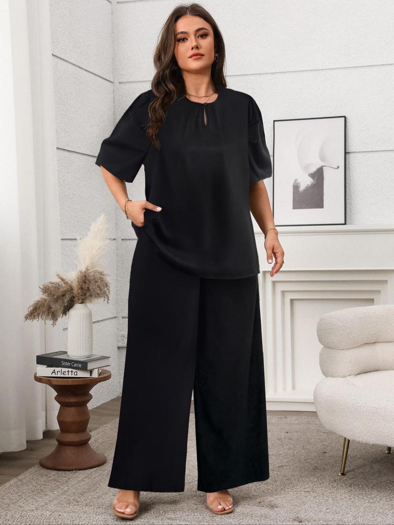 Product Introduction of 【Plus Size】 Two-Piece Set Solid Color Top & Straight Leg Pants, Casual Fashion Cozy Short Sleeve Round Neck Top & Trousers for Daily Outdoor Wear, Women's Two-piece for All Seasons 3