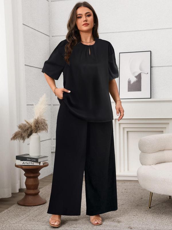 【Plus Size】 Two-Piece Set Solid Color Top & Straight Leg Pants, Casual Fashion Cozy Short Sleeve Round Neck Top & Trousers for Daily Outdoor Wear, Women's Two-piece for All Seasons 2