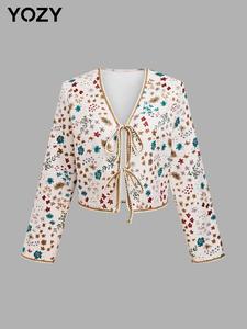 YOZY Women's Floral Print Tie Front Jacket, Casual Long Sleeve V Neck Outerwear for Spring & Fall, Ladies Clothes for Daily Wear