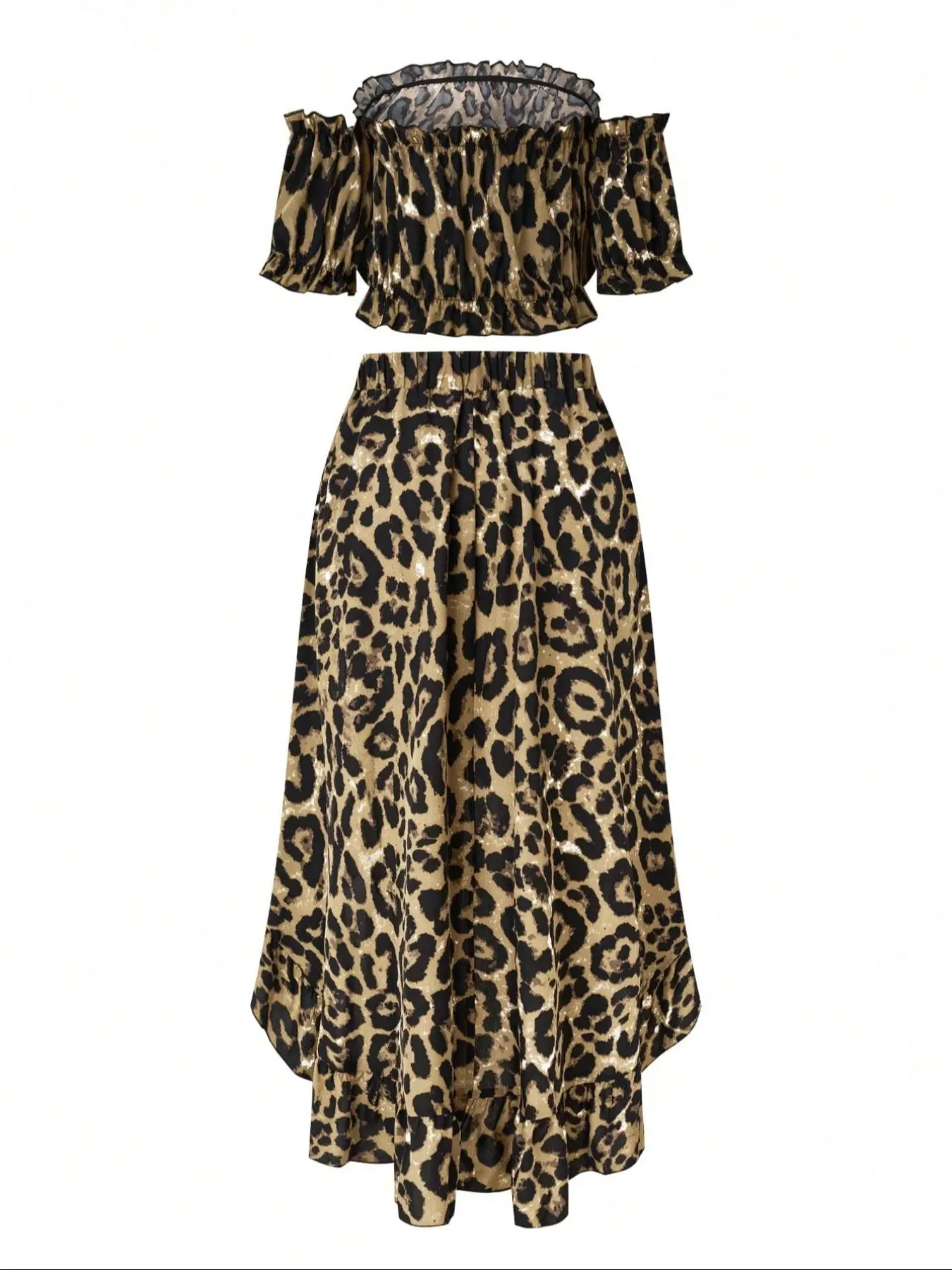 【Plus Size】 Two-piece Set Leopard Print Off Shoulder Crop Blouse & Elastic Waist Skirt, Elegant Fashion Casual Frill Trim Top & High Low Hem Skirt for Daily Outdoor Wear, Women's Two-piece Outfits for Summer