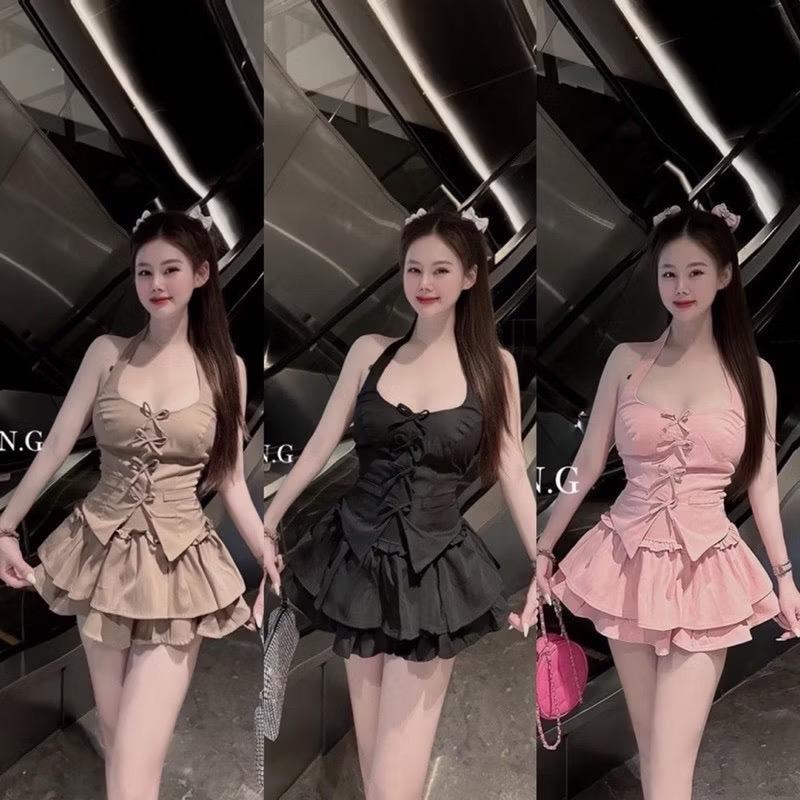 Bộ đồ nữ áo yếm đính nơ xẻ phối chân váy hai tầng tiểu thư - Women