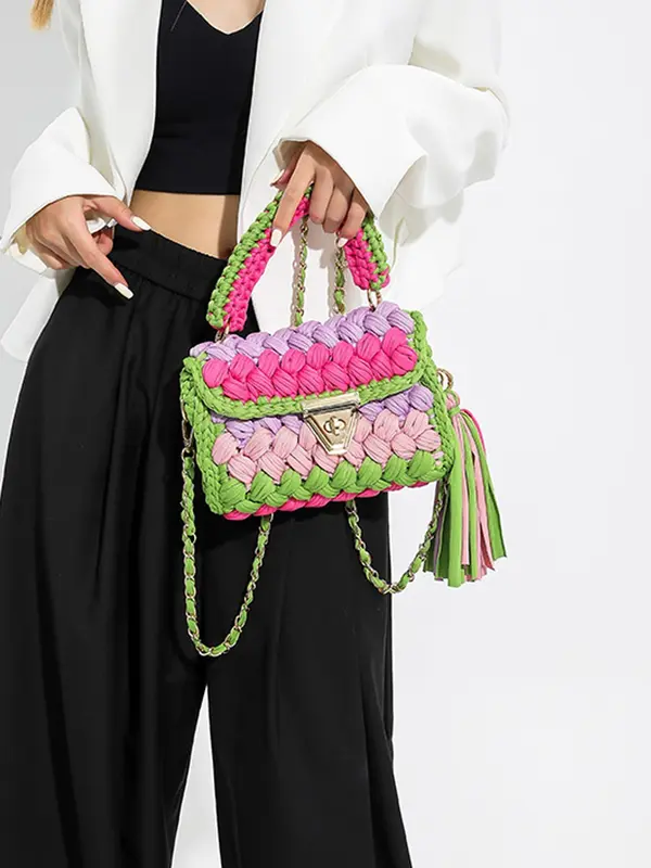 Women's Colorblock Braid Crochet Design Handbag, Fashionable Tassel Decorated Crossbody Bag for Daily Used, Casual Trendy Versatile High-quality Daily Commuting Bag 3