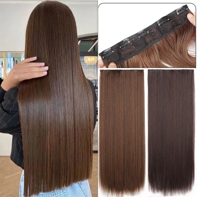 Rambut Palsu Sambungan Rambut Sintetik, Rambut Lurus Tebal 24-inci, Rambut Palsu, Warna Hitam dan Coklat Alamiah, 5 Klip, Untuk Wanita