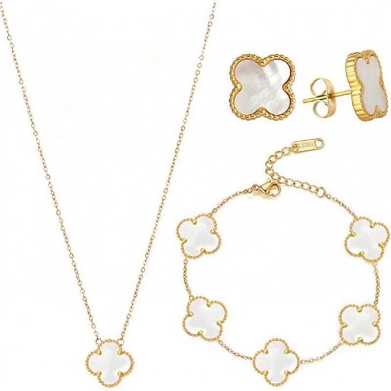 Set 3 món cỏ Bốn Lá dây chuyền+bông tai,vòng tay [ KHÔNG ĐEN KHÔNG RỈ ]phong cách cổ điển,siêu bền đẹp chất liệu thép TiTan, không đen ,không gỉ 2