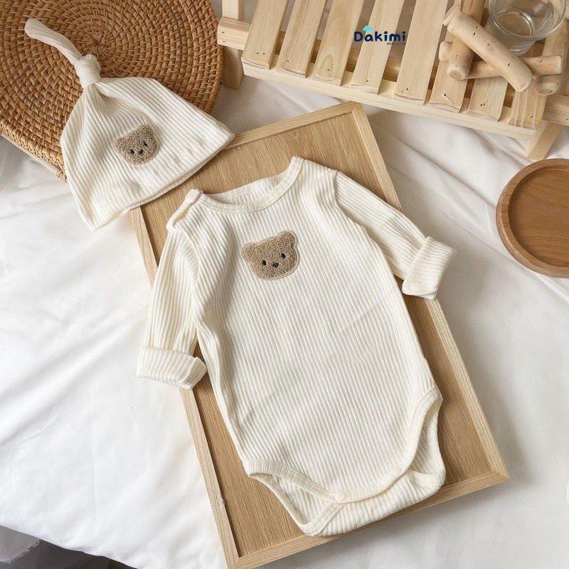 Product Introduction of [Kèm mũ] Bodysuit dài tay cho bé Đính Gấu, body dài tay cho bé gái bé trai chất Tăm gân mẫu quần áo sơ sinh 0-12M Jumpsuit Kem 4