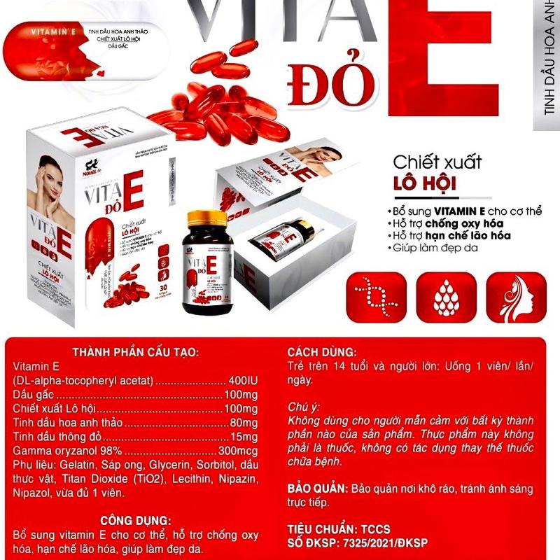 - VITA E ĐỎ Hoa anh thảo, giúp da sáng hồng mịn màng cắng bóng , hỗ trợ chống oxi hoá ,hạn chế da lão hoá. Cải thiện da khô nhăn ,nám sạm tăng sắc tố, đốm nâu nám sạm không đều màu, 1 hộp 30V dùng được 1 tháng. 5