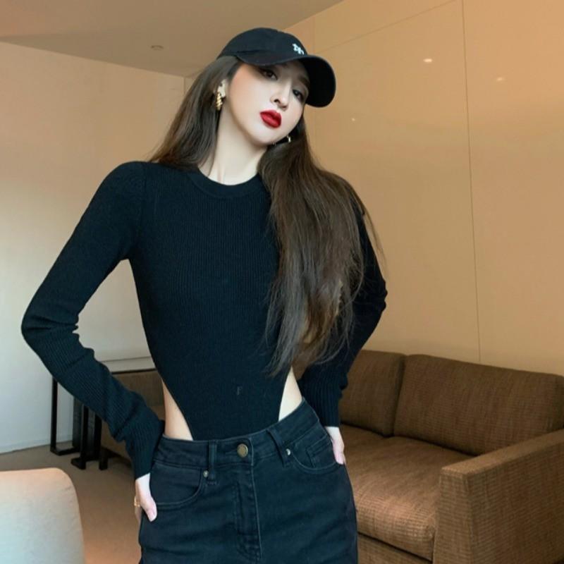 Yoohui ZZ104 Longsleeve Bodysuit Crop Top Lengan Panjang Wanita Baju Crop Wanita Korean Style Atasan Wanita Basic Leher Wanita Flute Sleeve Polos Kaos Baju Atasan Wanita Long Sleeve Atasan Rajutan Slim Fit Top 3