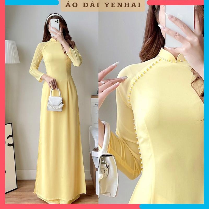 Áo dài truyền thống 4 tà thiết kế đính hạt chất lụa cát chiffon cao cấp màu vàng | CF11 Trơn Nữ Voan Women Sen Dress đen đính nơ cúc 