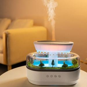 雨滴デザイン加湿器ディフューザー、8色変化のノベルナイトライト付き、植物の風景効果とホワイトノイズによるミスト加湿器