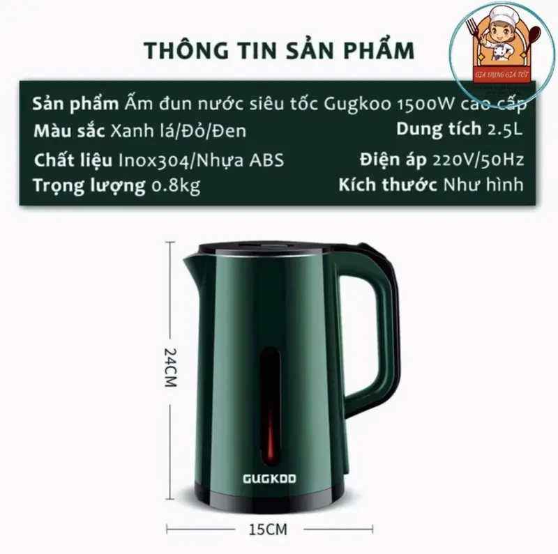 Ấm Siêu Tốc Đun Nước Siêu Nhanh GUGKDD ST19 Dung Tích 2,5L - Công Suất 1500W -Chất Liệu INOX 304 An Toàn - 2 Lớp Cách Nhiệt Tự Ngắt Khi Sôi giadung thong Ấm Đun Siêu Tốc Bình Đun Nước 3