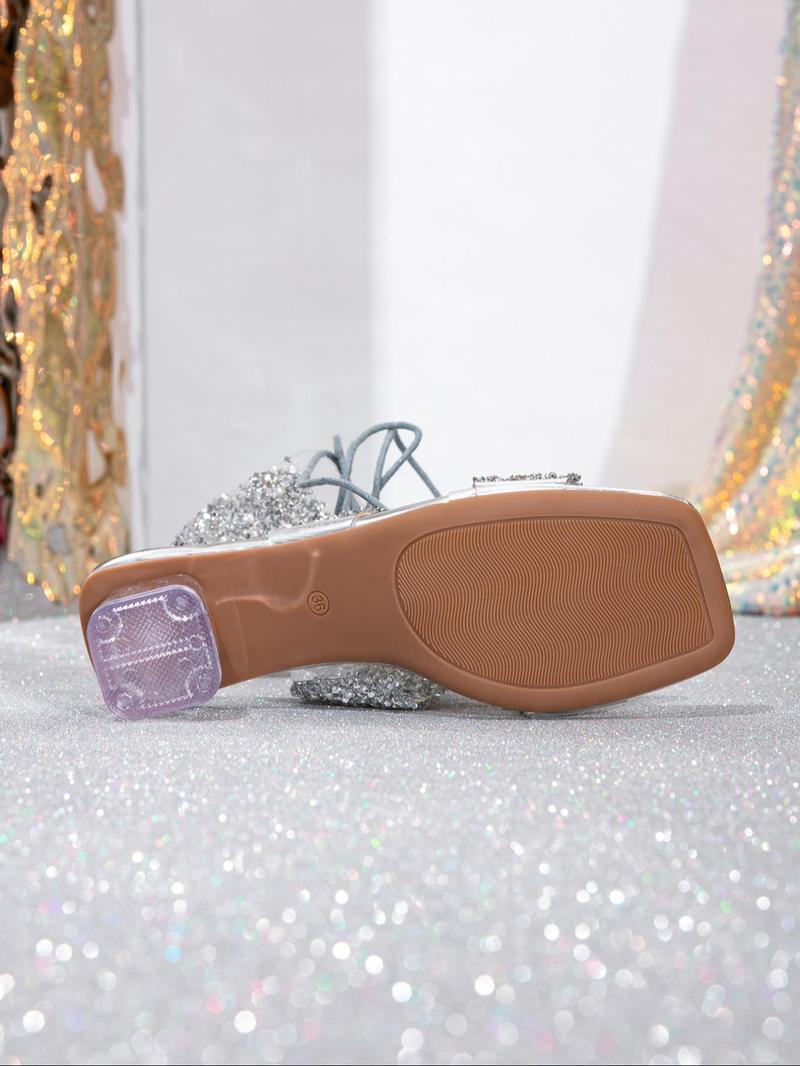 Product Introduction of Fashionable Sequins Decorated Lace Up Sandals, Boho Style Square Toe Sandals for Beach Vacation Party, Trendy All-match & Exquisite Heeled Sandals for Women 9