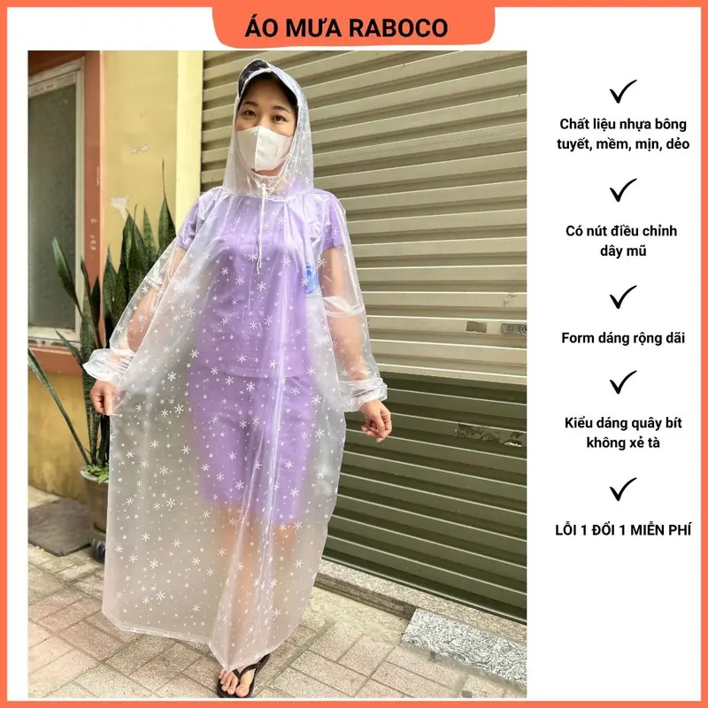 SIZE 1M4 Áo mưa bít bông tuyết không xẻ tà, áo mưa hoa tuyết,chất liệu bông tuyết, đi mưa, xe máy, xe đạp, mềm, dẻo, dai 0