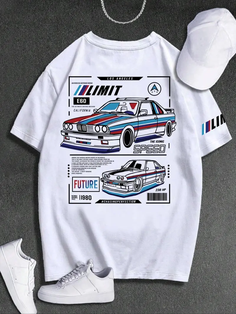 Product Introduction of Men's Regular Fit Car Print Round Neck Tee, Casual Short Sleeve Crew Neck T-shirt for Daily Wear, Men's Top for All Seasons 1