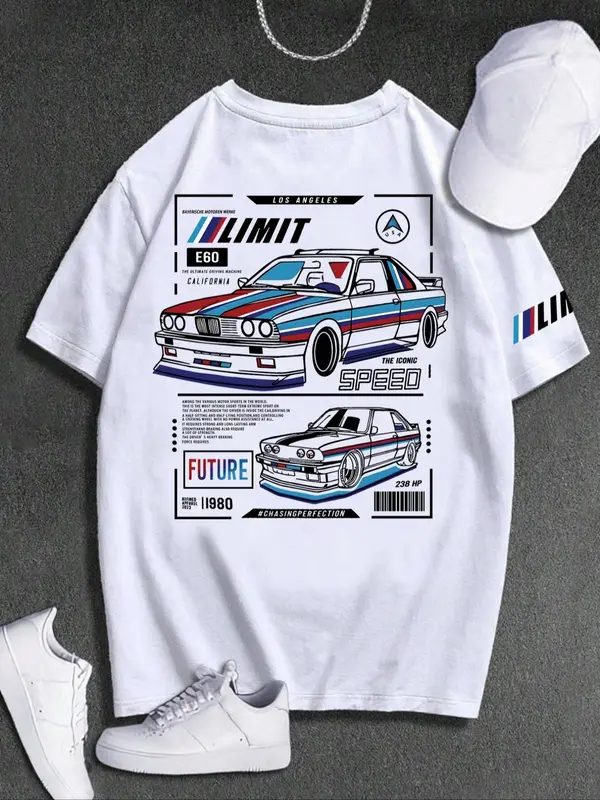 Men's Regular Fit Car Print Round Neck Tee, Casual Short Sleeve Crew Neck T-shirt for Daily Wear, Men's Top for All Seasons 0