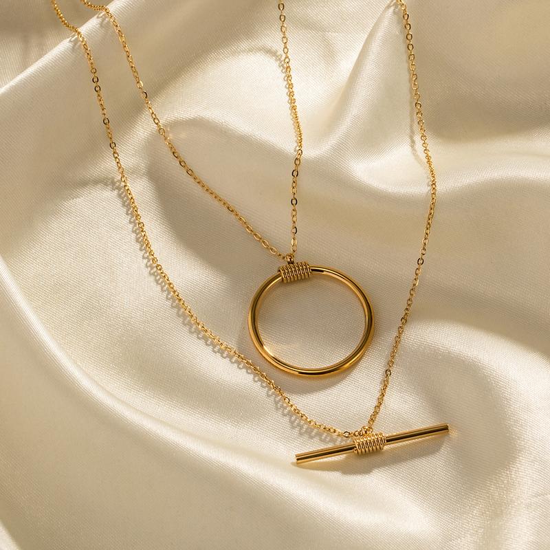 Product Introduction of INS New Fashion Twin Stainless Steel Necklace 16K Gold Plated Double round Long Stitching Necklace Ornament Wholesale 6