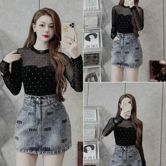 [Tặng Kèm Dây Đai] Chân Váy Jean Nữ Thêu Chữ MIN + Đính Đá Bling Bling 2
