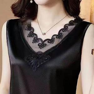 Plus Size Loose Vest Women Summer Temperament Elegant Silk Satin Camisole Ladies Sleeveless T shirt Lace V-neck Bottoming Shirt Korean Style Tanks