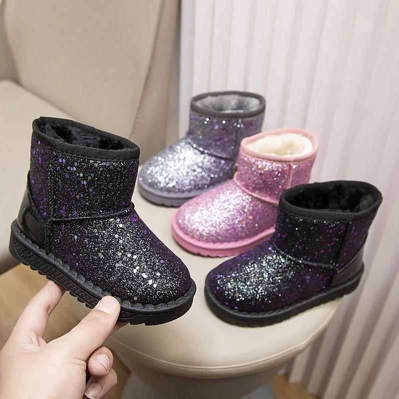 Product Introduction of Winter Girl's Snow Boots Glimmer Three Colors Thick Fur Kids Short Boot Warm Beautiful Stylish Slip-on Children Shoes 25-36 4