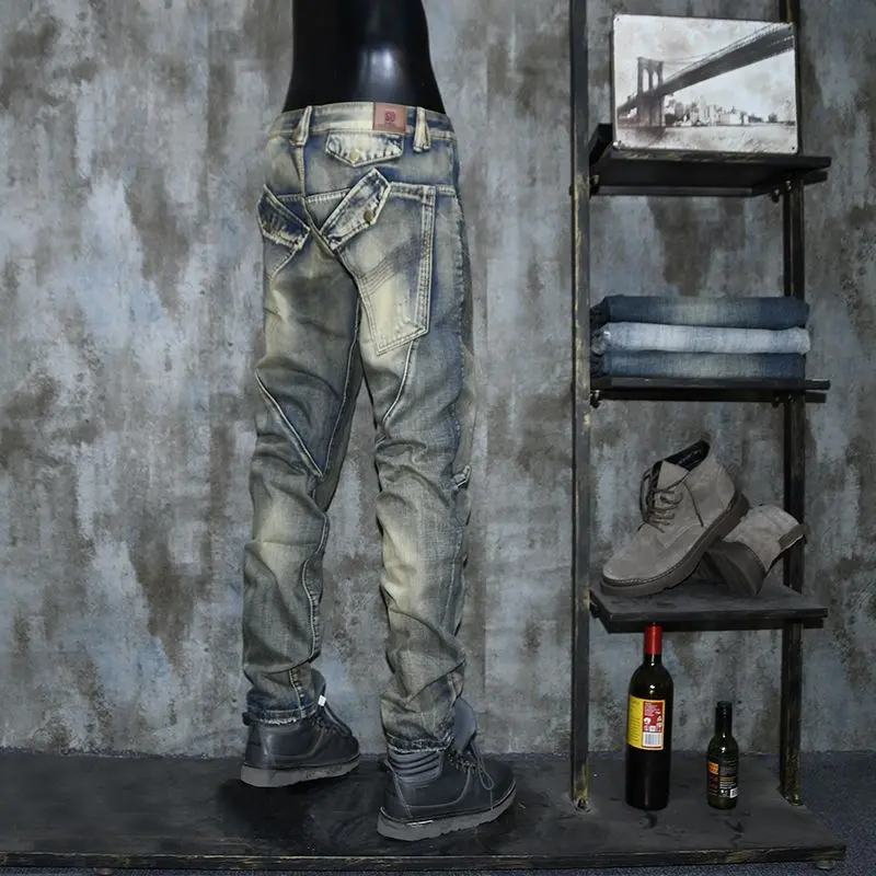 2022 Spring and Autumn New Fashion Brand Men's Retro Patchwork Jeans European and American Personalized Distressed Slim-Fit Straight Trousers